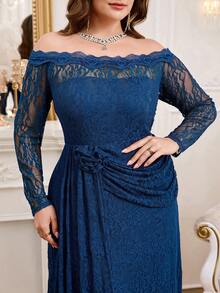 Reflora Plus Size Women's Off-Shoulder Long Sleeve 3D Floral Decor Lace Elegant Dress Fall - Blue - View 1
