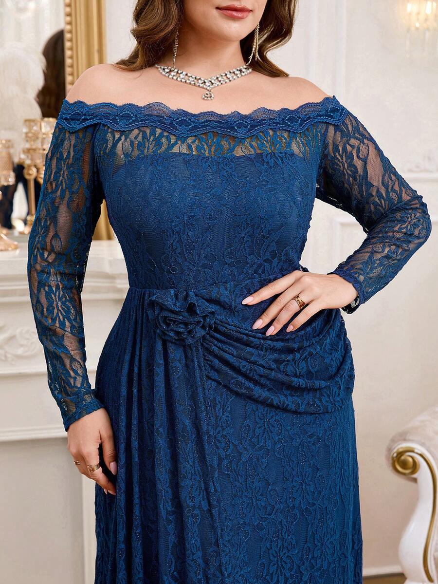Reflora Plus Size Women's Off-Shoulder Long Sleeve 3D Floral Decor Lace Elegant Dress Fall - Blue - View 1