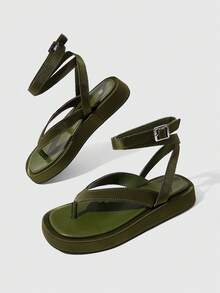 HighSole 春夏新款雙帶後扣設計厚底簡約百搭女款涼鞋，適合日常通勤與購物穿著 - 墨綠色 - 查看 5