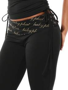 BABYPHAT Fold Over Printed Waist Flare Leggings With Logo Script Detail And Side Tie Strings - Black - View 4