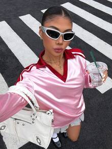 Muchica 女款粉色條紋緞面撞色長袖上衣，秋季優雅街頭風運動休閒服，適合度假、派對、日常與賽車日穿著 - 粉色 - 查看 3