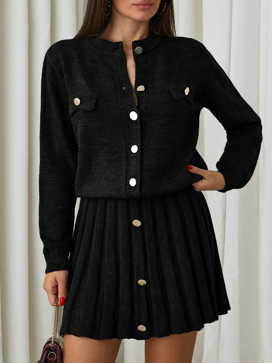 EURMUSE Women Solid Color Front Button Cardigan Pleated Sweater Skirt Set Office Tea Party Black Winter Elegant French - Black - View 1