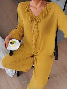 DAZY Women's Fashion Ruffle Long Sleeve Top And Casual Long Pants Pajama Set Fall - Yellow - View 6