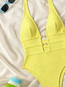 Swim SXY Springbreak 女款黃色羅紋針織提花面料鏤空深背V領掛脖高衩泳裝，適合海灘度假、泳池派對、溫泉海灘，性感辣妹風休閒連身泳衣，女款連身泳裝，波希米亞風節慶款 - 黃色 - 查看 4