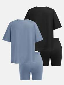 Girlism 青少年女孩 T-Shirt 套裝 2件/組 春夏新款 純色套裝 2件短袖 + 2件百慕達短褲套裝，4件套，休閒時尚 寬鬆 T-Shirt + 緊身單車短褲套裝 - 彩色 - 查看 2