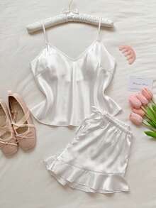 Comfortcana Conjunto de pijama de satén con volantes en el bajo, conjunto blanco - Blanco - Ver 7