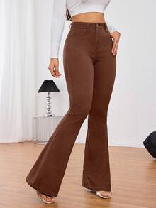 SHEIN Tall 女款口袋喇叭休閒百搭牛仔褲，適合高個女性 - 咖啡棕 - 查看 4