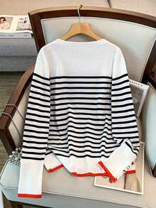 GlowEve CURVE Plus Size Casual Colorblock Striped Crew Neck Side Opening Button Long Sleeve Pullover Sweater - Black and White - View 2