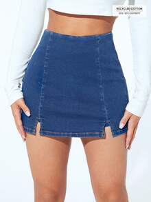 SHEIN PETITE Casual Washed High Waist Slit Denim Shorts ,Petite Women - Blue - View 6
