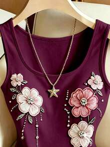 SHEIN Franclia 女款新款U領無袖花卉局部印花梅紅色修身百搭連身衣，適合夜晚外出、約會之夜、夏季浪漫優雅穿搭 - 中紫紅色 - 查看 3