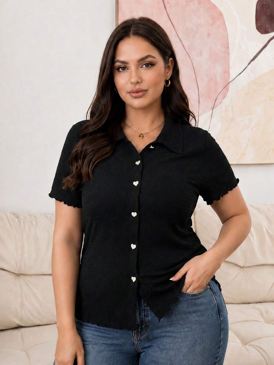 Lounesse Plus Size Solid Color Button-Front T-Shirt