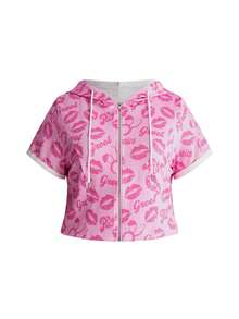 Mean Girls | ROMWE Plus Size Women Lip Print Zip Front Hoodie And Shorts Casual Outfit - Pink - View 8