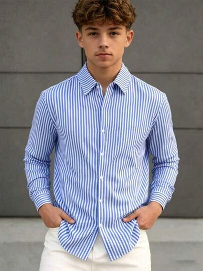 Teen Boys Blue & White Vertical Striped Long Sleeve Shirt, Classic & Versatile, Smart Casual + Business Casual, Suitable For Daily Casual / Weekend Outings, Friends Gatherings, Shopping, Short Trips, Light Business / Workplace Commute, Vacation / Beach Holiday, Pairs With White Linen Pants, Wedding, Prom, Graduation Shirts