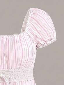 CovetEZ Summer Outfits Square Neck Petal Sleeve Tie Front Tee In Pink Striped Print,Summer Top - Multicolor - View 5