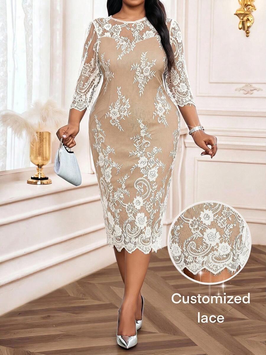 Fleurora Vestido de verano elegante de encaje con cuello redondo y manga 3/4 para tallas grandes - Blanco - Ver 1