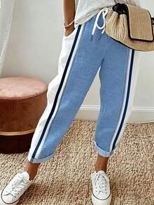 EMERY ROSE Pantalones de mujer con cintura ajustable y parches de colores contrastantes - Azul y blanco - Ver 1