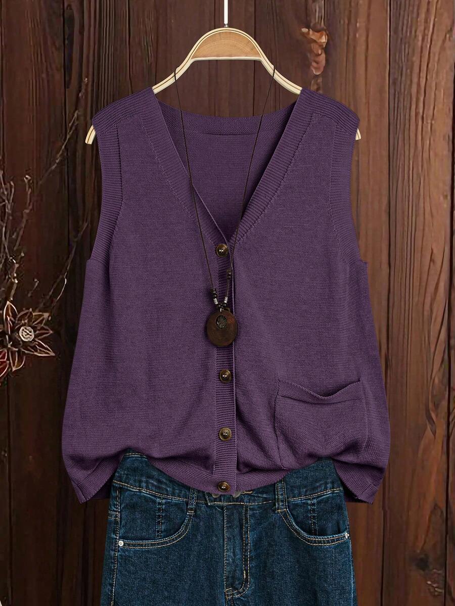 EMERY ROSE Plus Size Women's Solid Color Single-Breasted Casual Daily Knit Vest - Mauve Purple - View 1