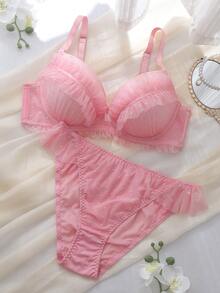 DelicateAllure 2pcs Pink Underwire Molded Cup High Support High Coverage Kawaii Cute Coquette Babydoll Comforty Balconette Ruffle Lace Romantic Sweet Plus Size Lingerie Set - Berwarna merah muda - View 6