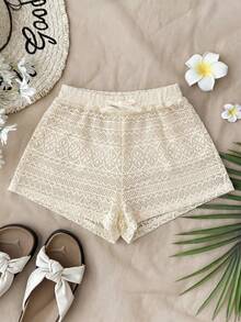 SHEIN Teen Girl Solid Color Jacquard Wavy Hem Hollow Out Casual Shorts,Kids - Apricot - View 3