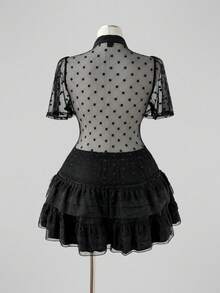 Sunspun Plus Size Spring/Summer Lace Polka Dot Hollow Out Sheer Blouse - Black - View 2