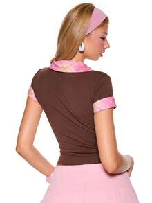 Mean Girls | ROMWE Women's 2 In 1 Colorblock Plaid Applique Embroidery Slim Fit Waist-Cinched Meangirls Preppy Casual Y2k V-Neck Shirt Everyday School Brown And Pink - Mocha Brown - View 5