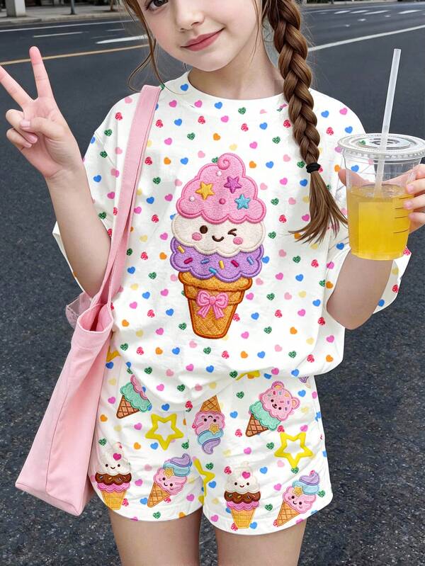 Vintage Sweet Cute Dopamine Ice Pink Heart Ice Cream Star Print, Young Girl Casual Minimalist Short Sleeve T-Shirt & Shorts 2-Piece Set, Suitable For Summer Outdoor Picnic, Outing, Street Style, Campus, Chill Chill, Back To School, Y2K