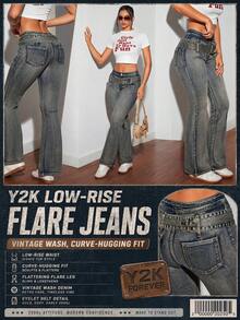 SHEIN Tall Vintage Distressed Low Waist Flare Leg Jeans, Tall Women - Blue - View 9