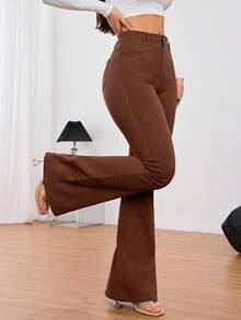 SHEIN Tall 女款口袋喇叭休閒百搭牛仔褲，適合高個女性 - 咖啡棕 - 查看 7