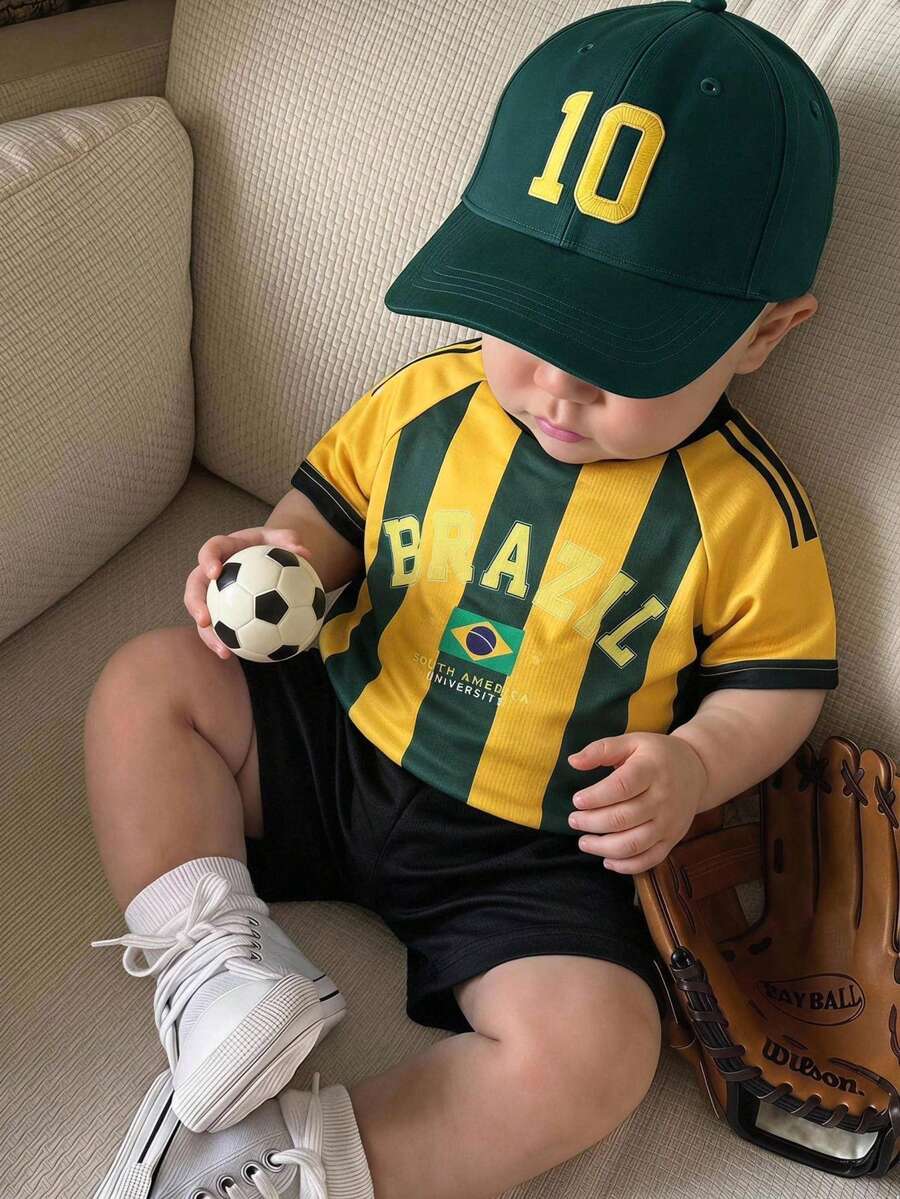 SHEIN 中性嬰兒男孩/女孩 2件組 春夏休閒可愛拼接撞色針織T恤套裝，嬰兒球衣，巴西球衣