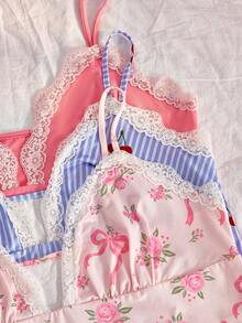 Slumberry CURVE Set Piyama Wanita Ukuran Plus Y2K Manis & Imut dengan Motif Bunga, Pita, dan Garis-garis Ceri, 3 Potong - MultiWarna - View 3