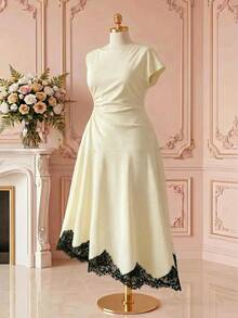 Rometta Damen-Strickkleid in großen Größen für den Sommer, neu, mit weitem Ausschnitt, asymmetrischen kurzen Ärmeln, geraffter Taille, figurschmeichelndem Design, elegant, modisch, sexy und sanft, mit weitem Oberteil, schmalem Saum und Spitzenbesatz, lang, geeignet für Alltag, Lässig, Dates und Treffen - Aprikosenfarben - Übersicht 4