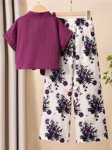 SHEIN 2件組青少年女孩休閒返校夏季條紋紋理短袖上衣，蝴蝶結裝飾 - 紫色 - 查看 2