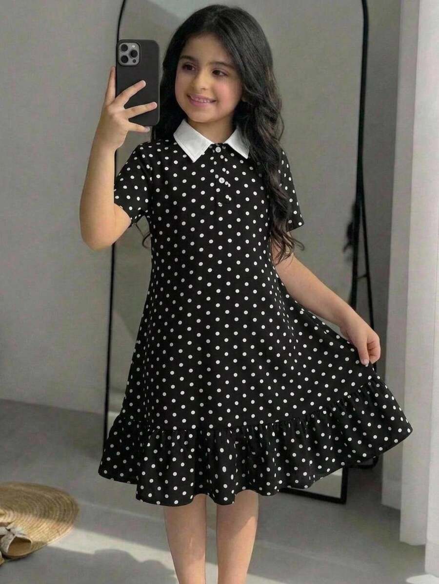 SHEIN 兒童青少年女孩 Polo 領撞色拼接黑白波點印花寬鬆 A 字裙擺荷葉邊洋裝 休閒學院風通勤時尚返校穿搭 - 黑與白 - View 1