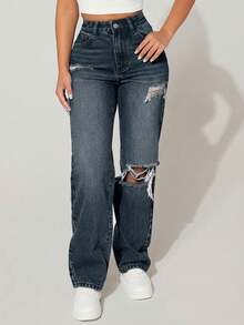 SHEIN PETITE Solid Color Distressed Slant Pocket Casual Versatile Denim Jeans ,Petite Women - Dark Wash - View 6