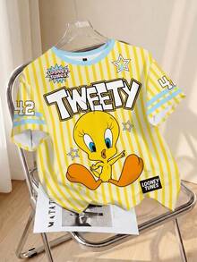 LOONEY TUNES X SHEIN 女士休闲时尚街头日常通勤趣味卡通字母条纹印花短袖T恤，夏季 - 白色 - 查看 1