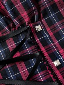ROMWE Grunge Punk Women's Spring/Summer Plaid Shirt, Cute Retro Red & Black Checkered Pattern With Drawstring, Foil Applique And Eyelet Detail - Blue - View 3