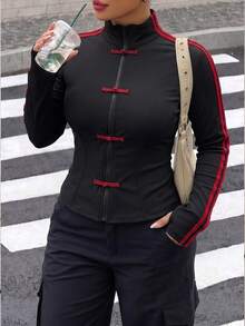 Muchica Plus Size Women's Casual Jacket With Frog Button Design And Zipper Front Black Autumn Fall - Black - View 5