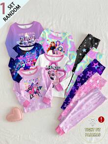 SHEIN 【隨機1套】少女睡衣套裝 新款時尚可愛卡通K-POP女孩圖案印花針織高彈力圓領長袖上衣＋全身印花緊身長褲 2件套 1套（隨機發貨） - 彩色 - 查看 1