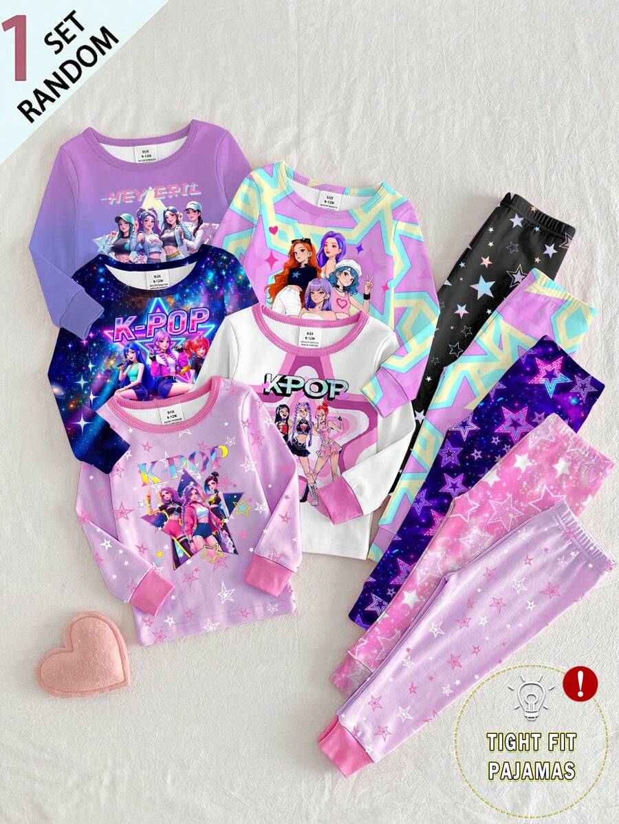SHEIN 【隨機1套】少女睡衣套裝 新款時尚可愛卡通K-POP女孩圖案印花針織高彈力圓領長袖上衣+全身印花緊身長褲 2件套 1套(隨機發貨) - 彩色 - 查看 1