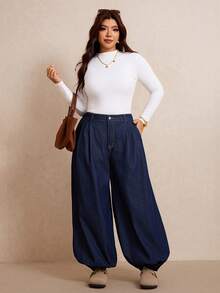 Slaydiva Plus Size Women's High Waist Loose Casual Lantern Denim Jeans - Blue - View 6