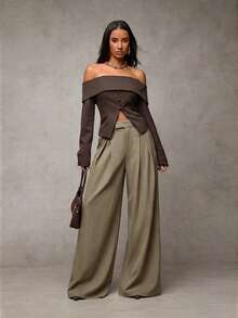 SHEIN BAE Women's Casual Everyday Pleated Wide Leg Pants - Army Green - View 3