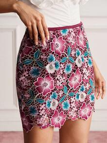 Zanirela Autumn Purple Floral Colorblock French Luxury Heavy Embroidery Hollow Lace High Waist Women's Positioned Trim Skirt Romantic Elegant Vintage Wedding - Burgundy - View 5