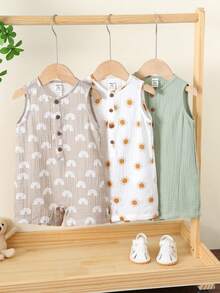 SHEIN 3pcs Newborn Baby Boy Unisex Baby Clothes Cute Summer Playful Print Pattern Sleeveless Rompers Multi-Color Basic Bodysuit Set - Multicolor - View 11