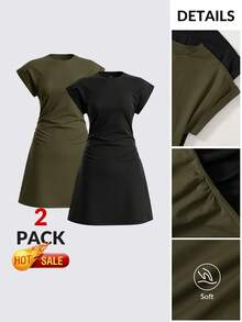 SHEIN BASICS 2pcs/Set Casual Solid Color Knit Crew Neck Short Sleeve Mini Dress For Women Summer Dresses - Army Green - View 10
