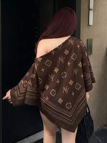 Vibekara 女款大尺碼 2026 夏季休閒優雅印花不對稱領長袖不對稱下擺襯衫，不對稱肩開衩袖寬鬆時尚上衣，復古日落度假印花蝙蝠袖上衣，新品上市，適合日常通勤、大學、外出、度假、辦公室、約會 - 彩色 - 查看 2