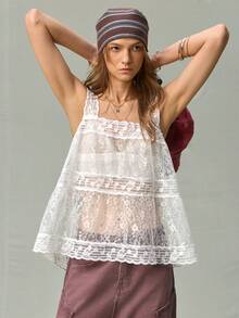 SHEIN French Vintage Black & White Musical Note Embroidered Lace Trim Square Neck Doll Top Vest - White - View 6