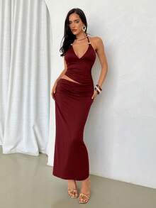 Firerie Women's Elegant Spring/Summer Sexy Holiday Party Night Music Festival Vacation V-Neck Metal Decor Halter Backless Waist Cutout Burgundy Red Long Dress - Burgundy - View 9