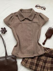 Comfortcana Women's Houndstooth Short Sleeve Top Autumn Back To School Going Out Top Y2K Tops Work Top - Brown - View 5