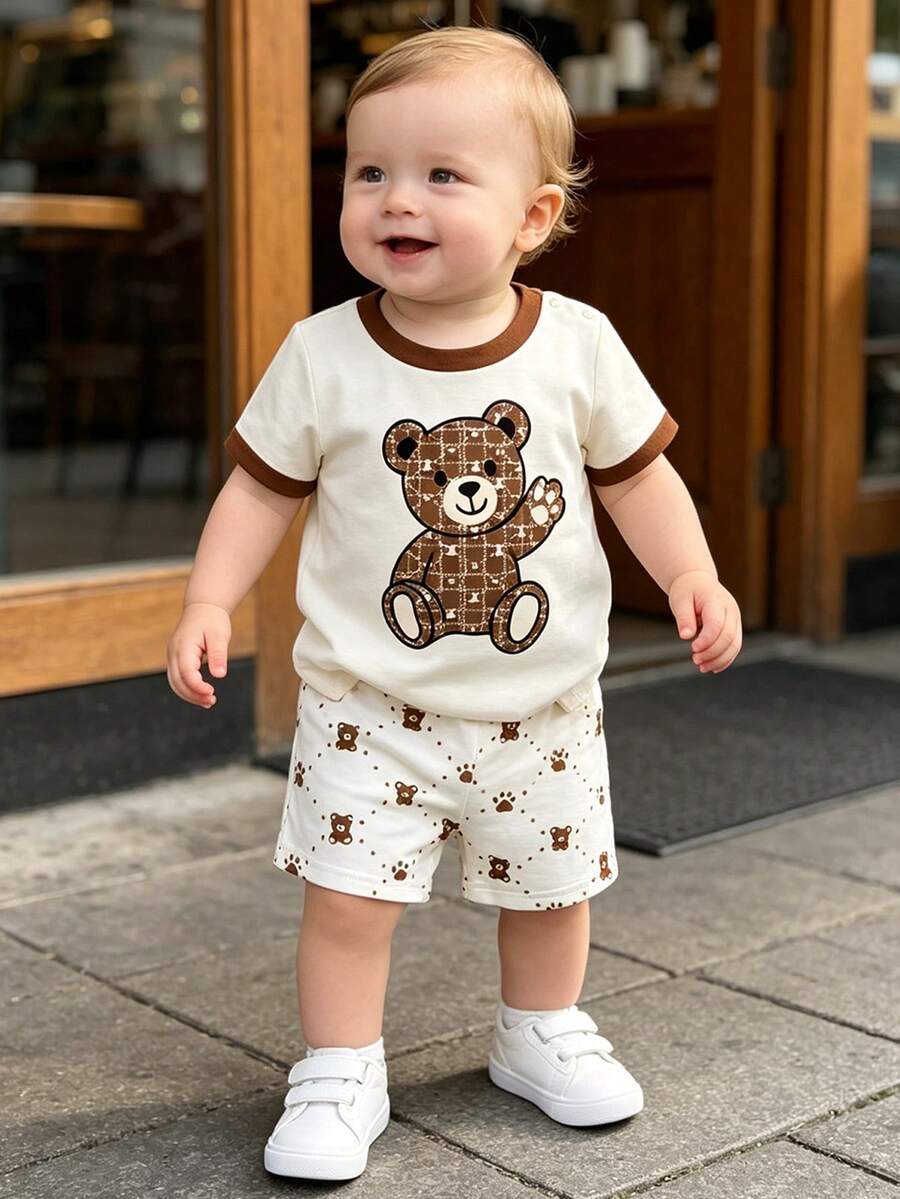 2pcs Boys Bear Print Contrast Trim Crew Neck Short Sleeve T-Shirt And Matching Contrast Patchwork Plaid Jogger Pants Casual Set, - Multicolor - View 1