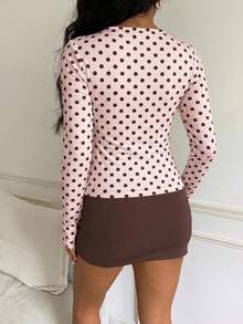 CovetEZ Casual Minimalist Sexy Pink Base Brown Polka Dot Long Sleeve T-Shirt, Suitable For Autumn/Winter Season, Pink Base Brown Polka Dot Makes You Look Fairer - Multicolor - View 2